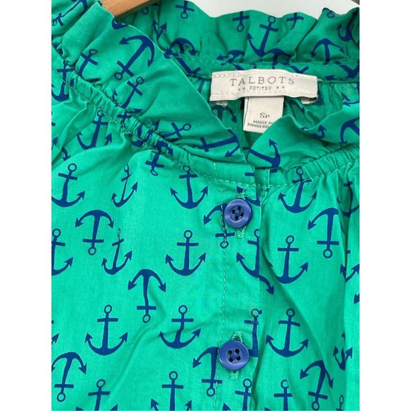 Talbots Tank Top Women Small Petite Green Blue Anchor Ruffle Neck Button Up - Picture 5 of 12